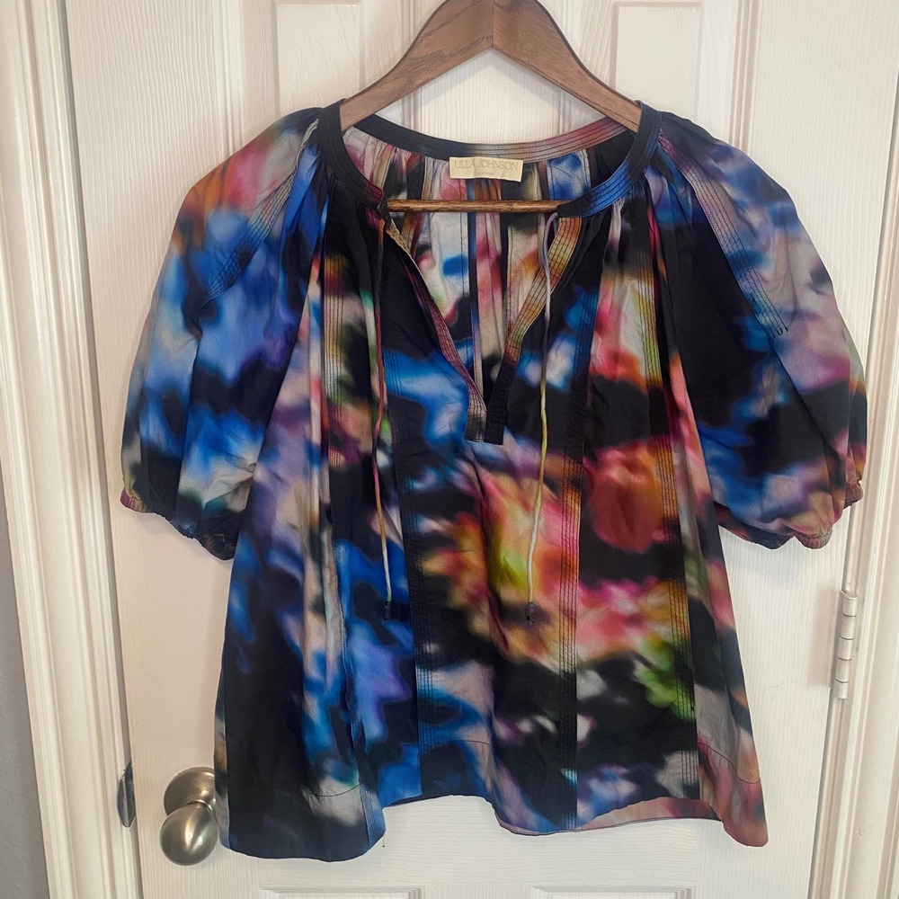 Ulla Johnson Tie Dye Cotton Blouse Split Neck Tassel Puff Sleeve Top Multi Sz 4